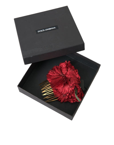 Dolce & Gabbana Red Silk Floral Gold Brass Women Hair Comb - Al Jamil 